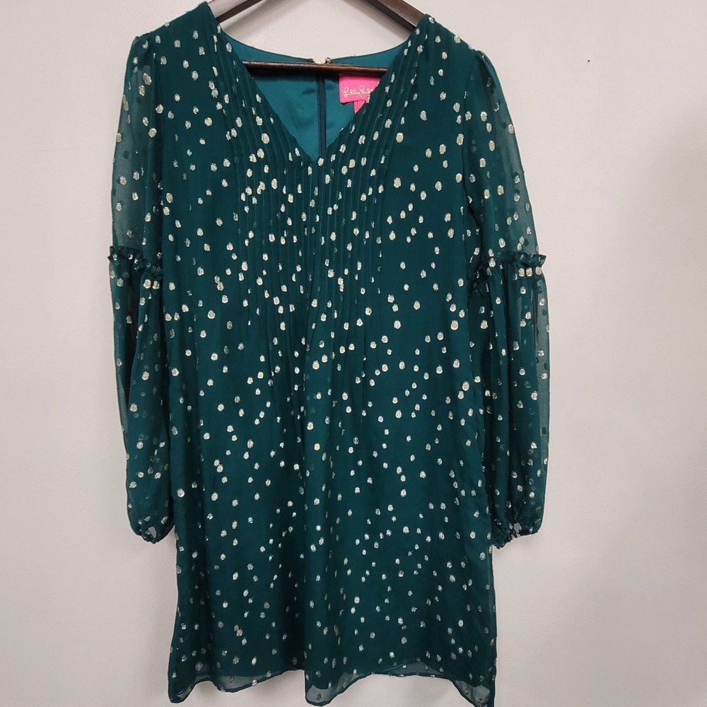 Lilly Pulitzer Womens Cleme Silk Long Sleeve Metallic Circle Dress Size 2 Green
